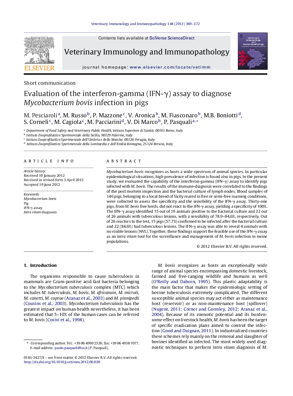 Evaluation of the interferon-gamma (IFN-γ) assay to diagnose Mycobacterium bovis infection in pigs