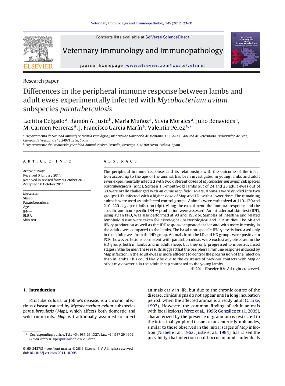 Differences in the peripheral immune response between lambs and adult ewes experimentally infected with Mycobacterium avium subspecies paratuberculosis