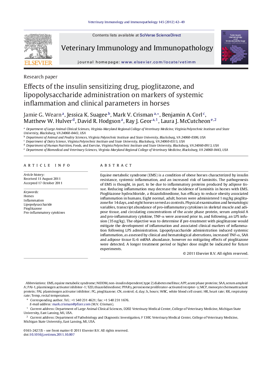 Effects of the insulin sensitizing drug, pioglitazone, and lipopolysaccharide administration on markers of systemic inflammation and clinical parameters in horses