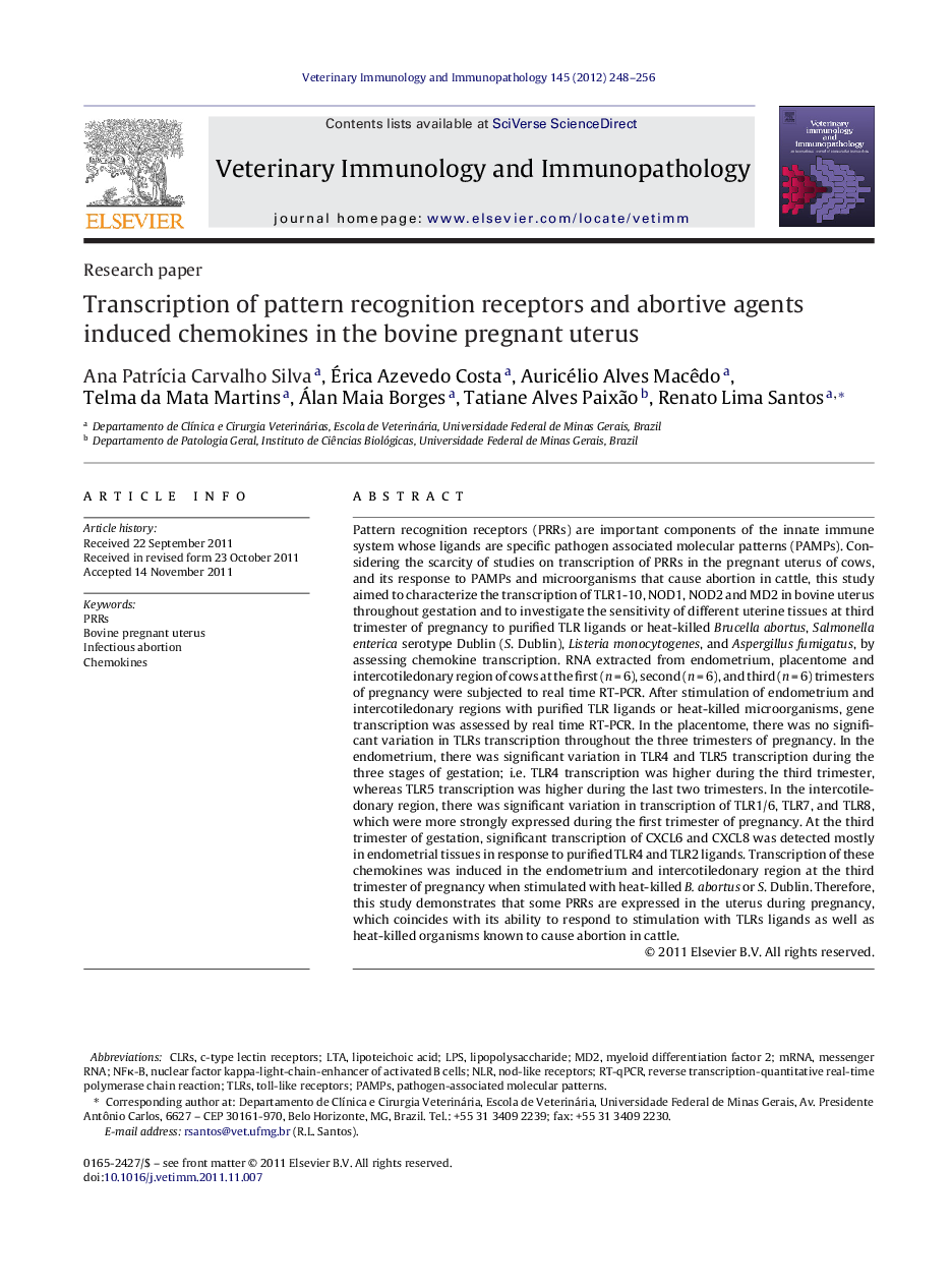 Transcription of pattern recognition receptors and abortive agents induced chemokines in the bovine pregnant uterus