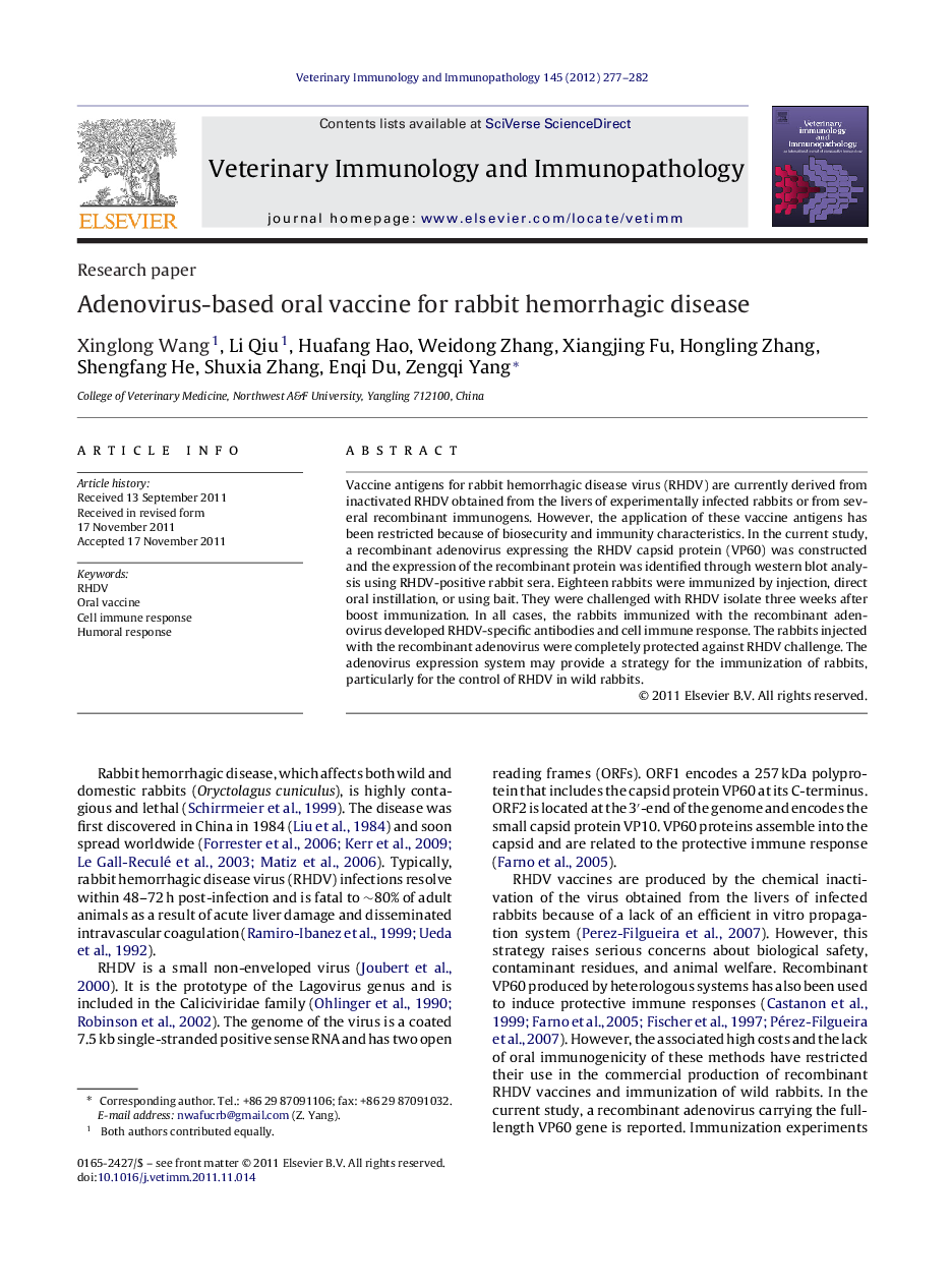 Adenovirus-based oral vaccine for rabbit hemorrhagic disease