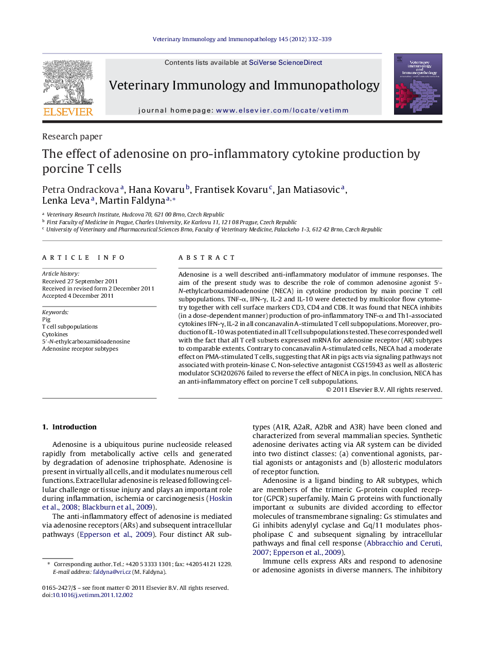 The effect of adenosine on pro-inflammatory cytokine production by porcine T cells