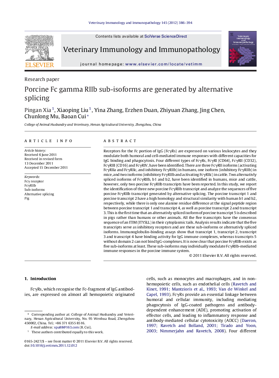 Porcine Fc gamma RIIb sub-isoforms are generated by alternative splicing