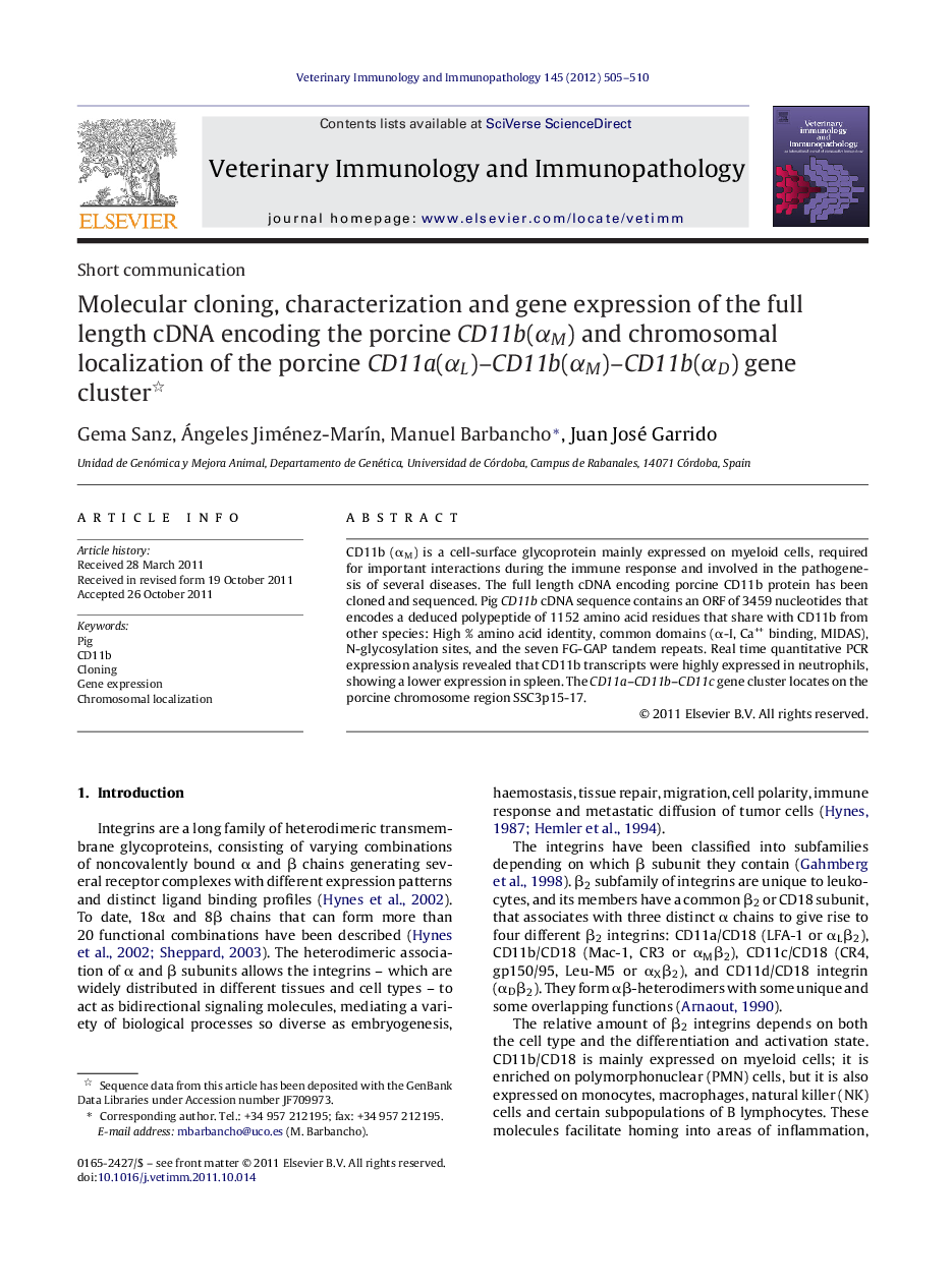 Molecular cloning, characterization and gene expression of the full length cDNA encoding the porcine CD11b(αM) and chromosomal localization of the porcine CD11a(αL)–CD11b(αM)–CD11b(αD) gene cluster 