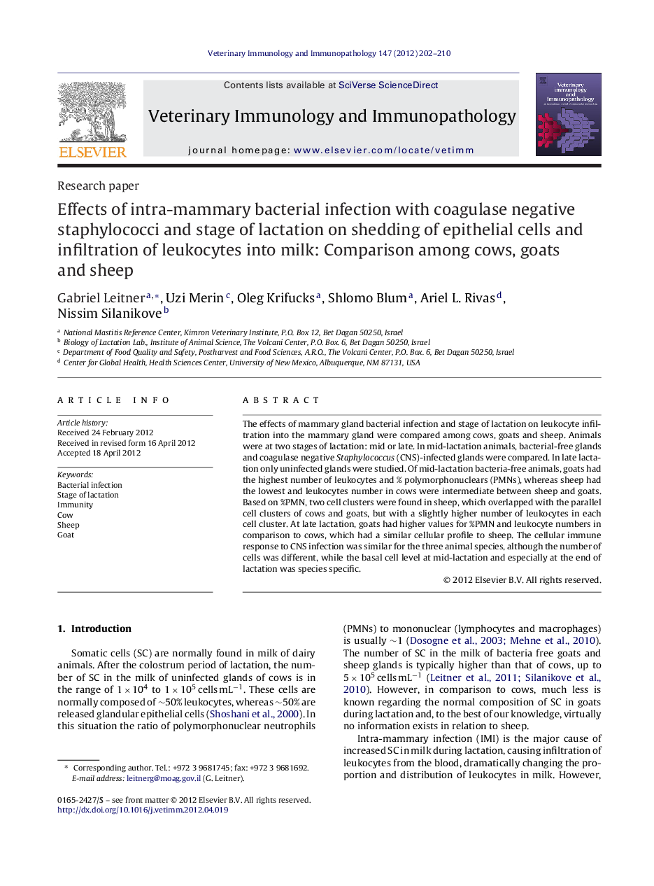 Effects of intra-mammary bacterial infection with coagulase negative staphylococci and stage of lactation on shedding of epithelial cells and infiltration of leukocytes into milk: Comparison among cows, goats and sheep