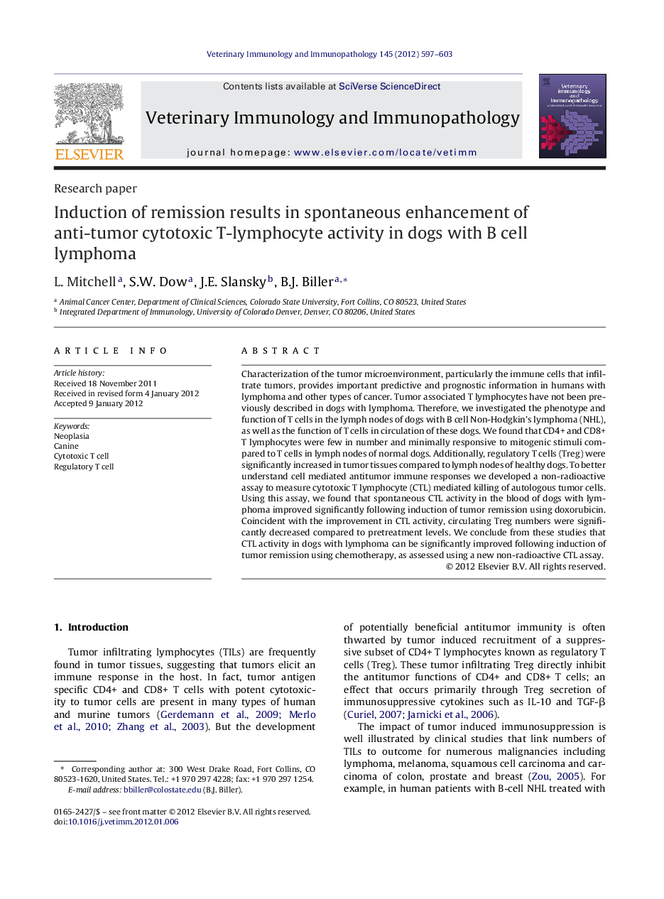 Induction of remission results in spontaneous enhancement of anti-tumor cytotoxic T-lymphocyte activity in dogs with B cell lymphoma