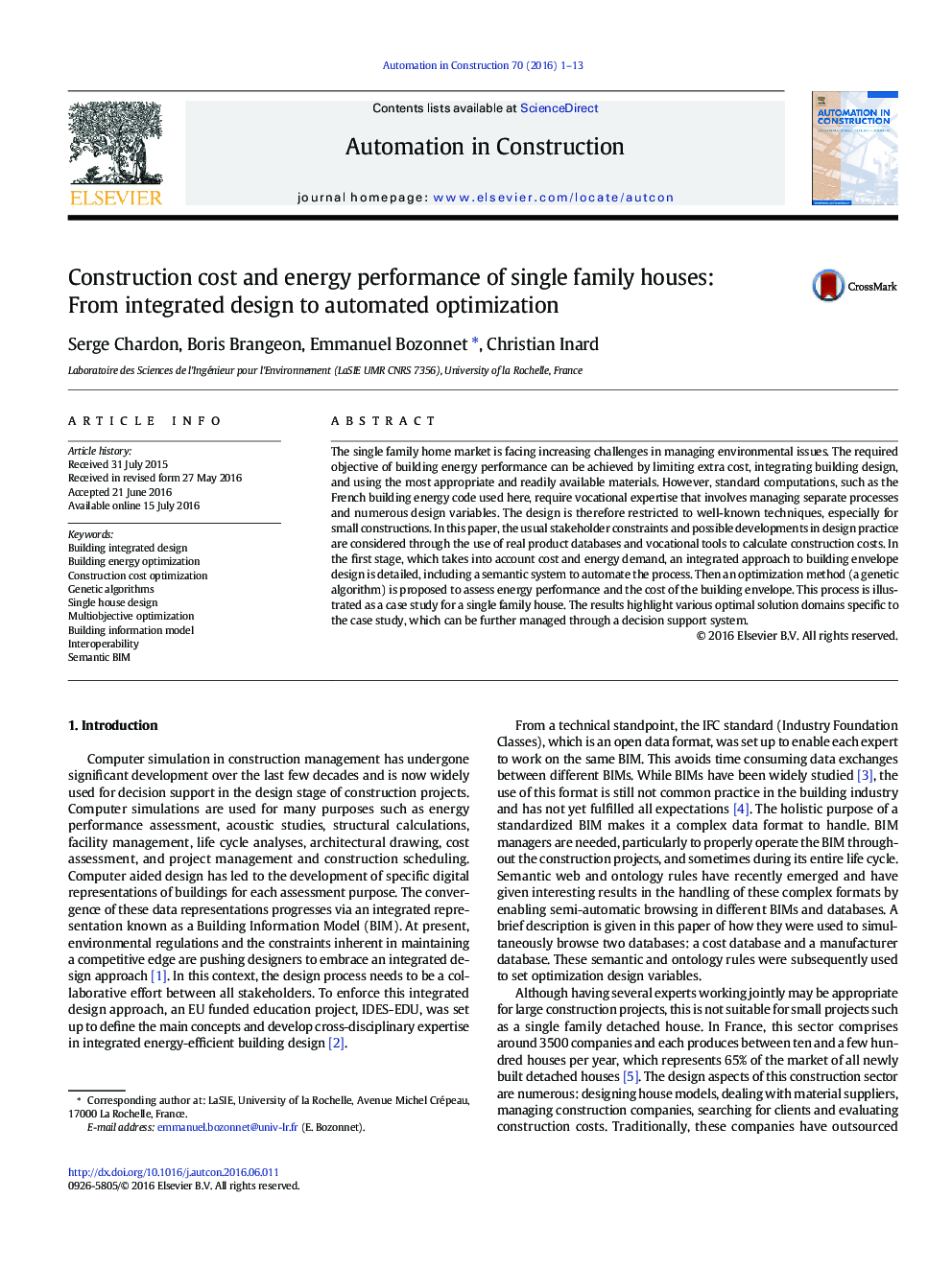 Construction cost and energy performance of single family houses: From integrated design to automated optimization