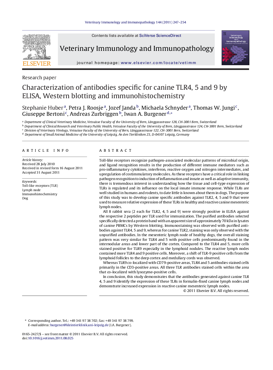 Characterization of antibodies specific for canine TLR4, 5 and 9 by ELISA, Western blotting and immunohistochemistry