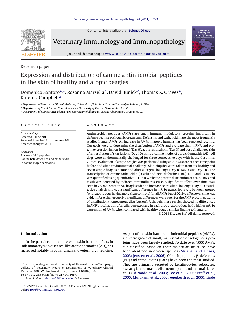 عکس صفحه اول مقاله: Expression and distribution of canine antimicrobial peptides in the skin of healthy and atopic beagles Expression and distribution of canine antimicrobial peptides in the skin of healthy and atopic beagles