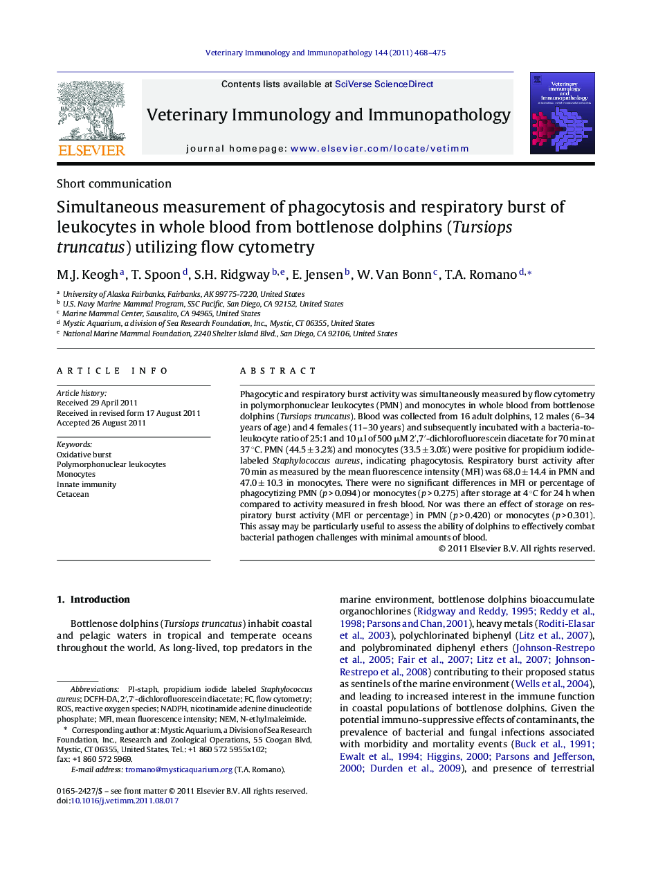 Simultaneous measurement of phagocytosis and respiratory burst of leukocytes in whole blood from bottlenose dolphins (Tursiops truncatus) utilizing flow cytometry