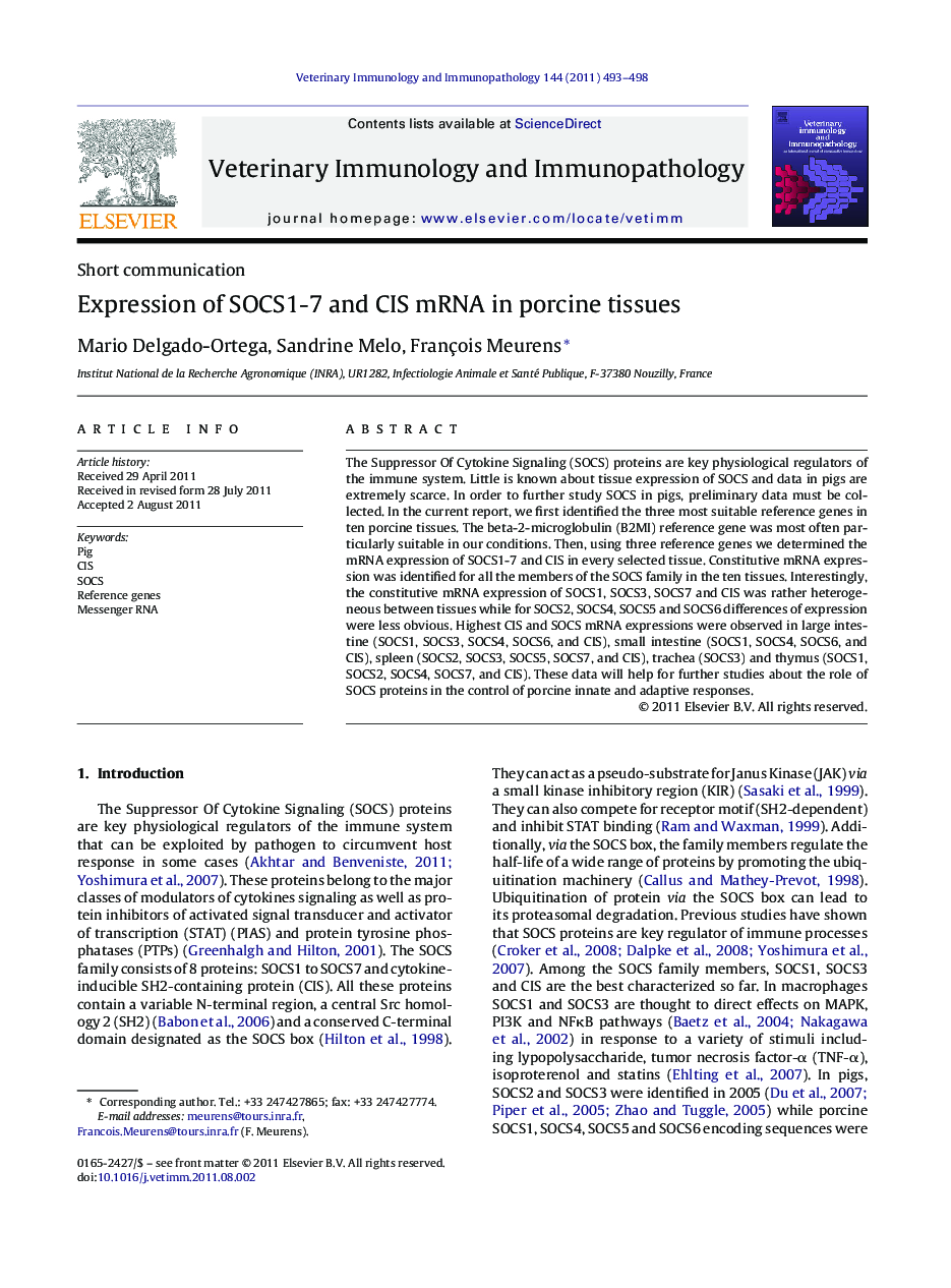 Expression of SOCS1-7 and CIS mRNA in porcine tissues