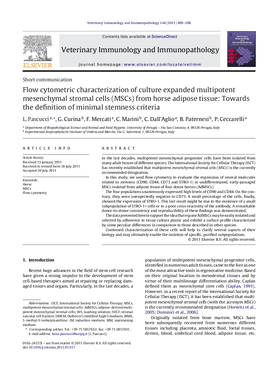 عکس صفحه اول مقاله: Flow cytometric characterization of culture expanded multipotent mesenchymal stromal cells (MSCs) from horse adipose tissue: Towards the definition of minimal stemness criteria Flow cytometric characterization of culture expanded multipotent mesenchymal stromal cells (MSCs) from horse adipose tissue: Towards the definition of minimal stemness criteria