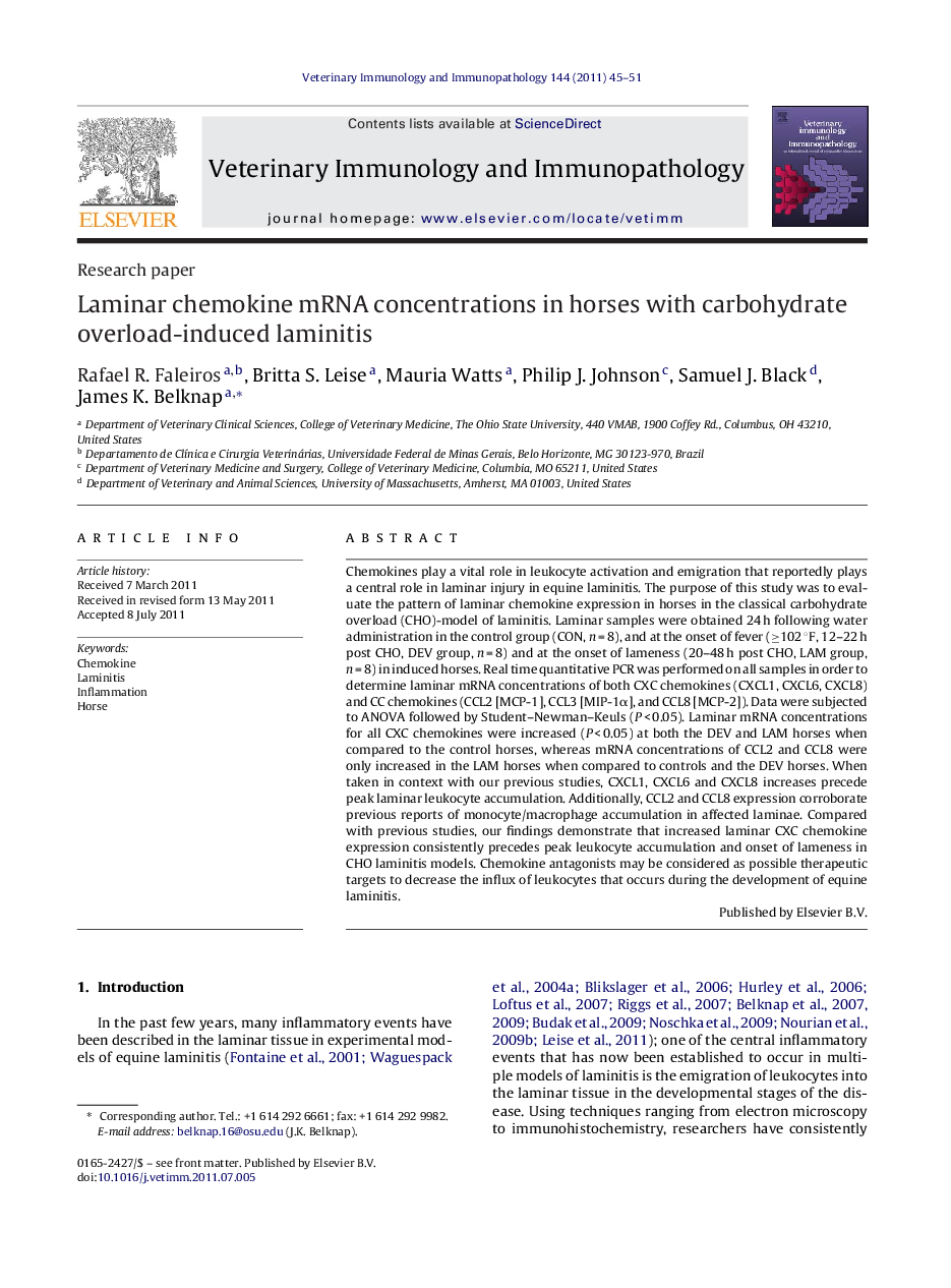 Laminar chemokine mRNA concentrations in horses with carbohydrate overload-induced laminitis