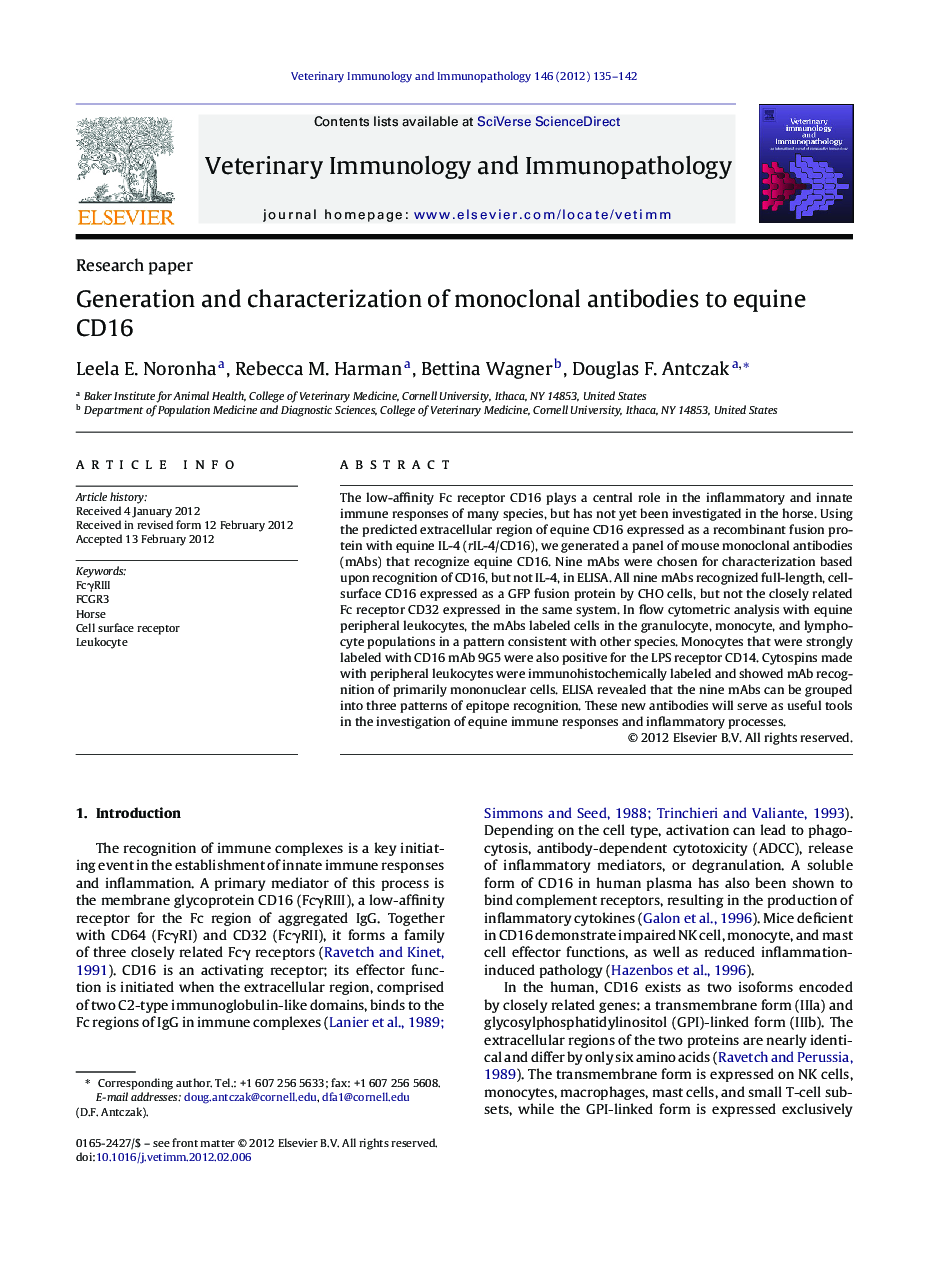 Generation and characterization of monoclonal antibodies to equine CD16