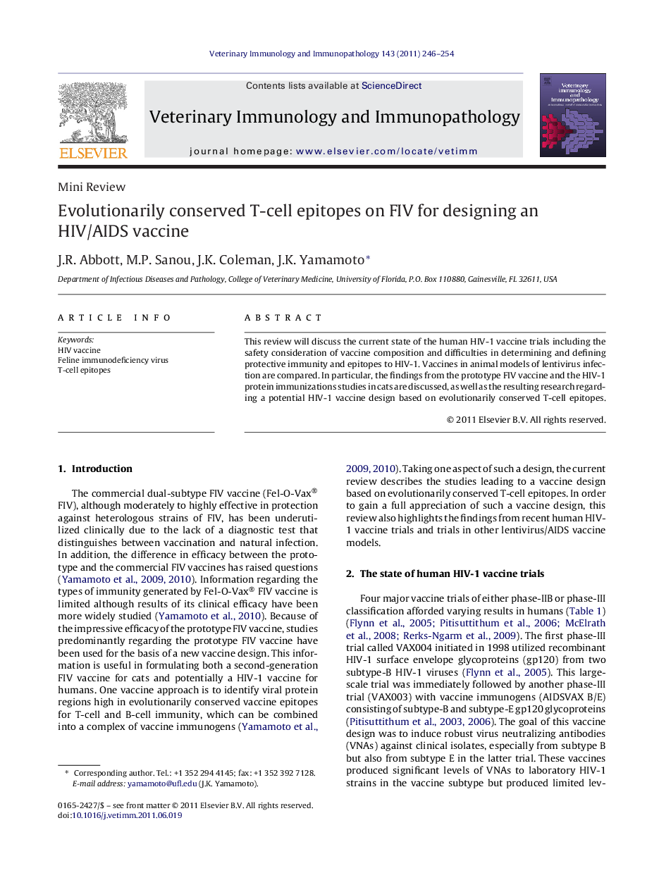 Evolutionarily conserved T-cell epitopes on FIV for designing an HIV/AIDS vaccine