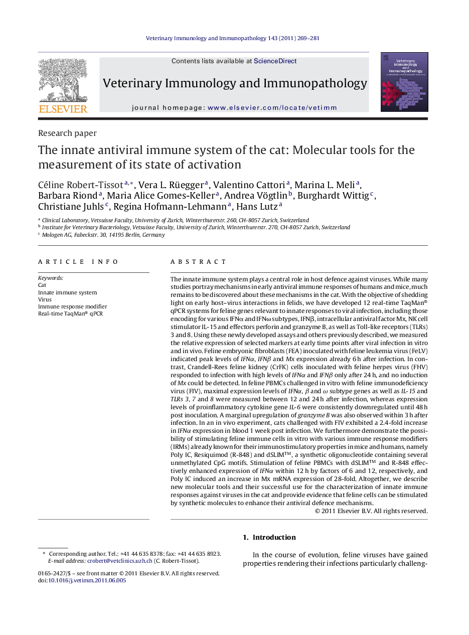 The innate antiviral immune system of the cat: Molecular tools for the measurement of its state of activation