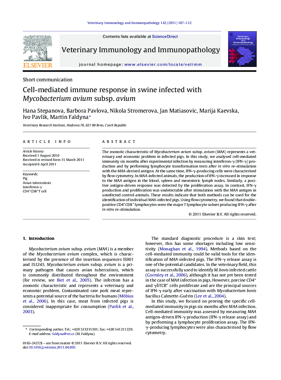 Cell-mediated immune response in swine infected with Mycobacterium avium subsp. avium