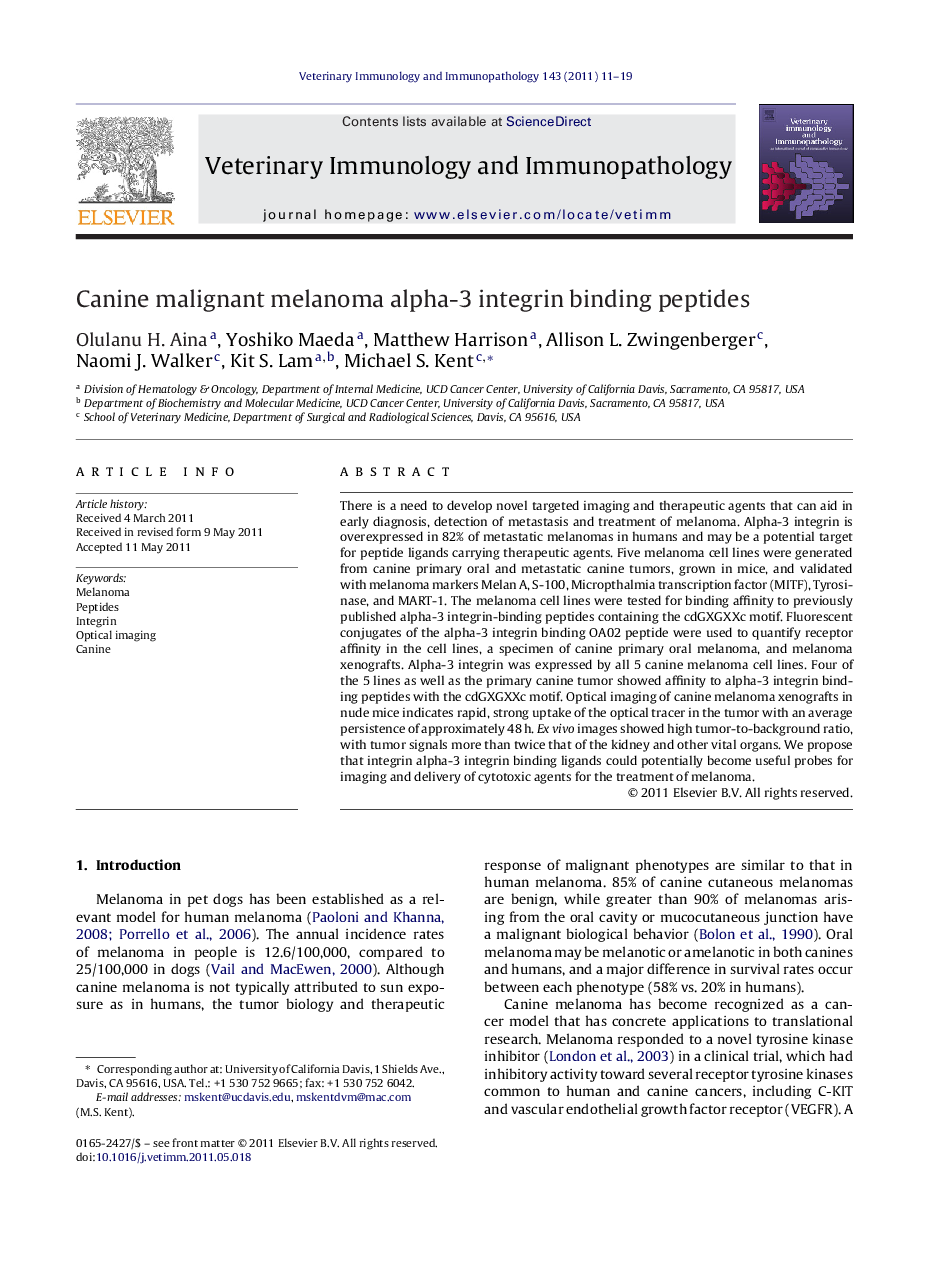 Canine malignant melanoma alpha-3 integrin binding peptides