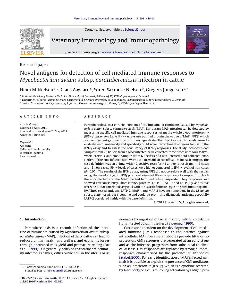 Novel antigens for detection of cell mediated immune responses to Mycobacterium avium subsp. paratuberculosis infection in cattle