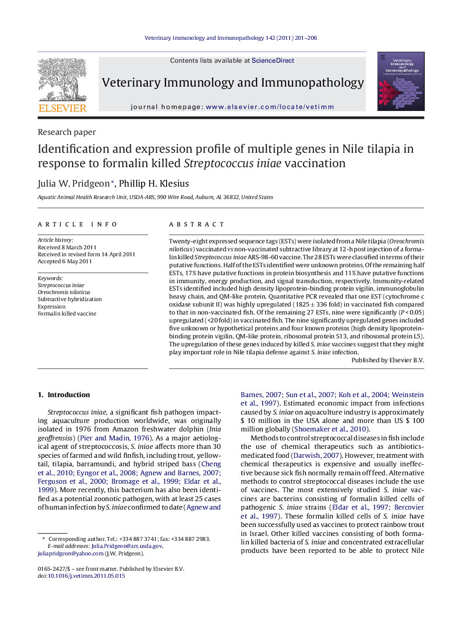 Identification and expression profile of multiple genes in Nile tilapia in response to formalin killed Streptococcus iniae vaccination