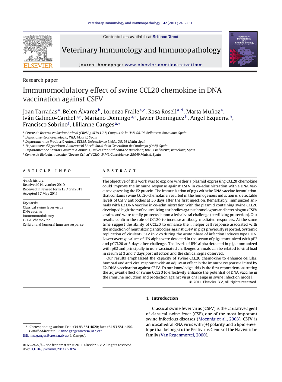 Immunomodulatory effect of swine CCL20 chemokine in DNA vaccination against CSFV