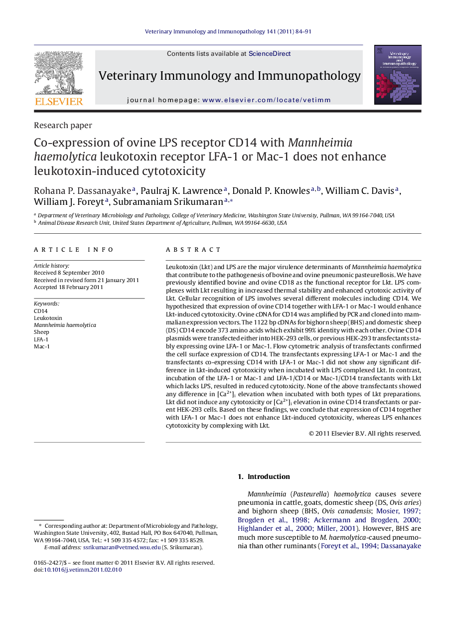 Co-expression of ovine LPS receptor CD14 with Mannheimia haemolytica leukotoxin receptor LFA-1 or Mac-1 does not enhance leukotoxin-induced cytotoxicity