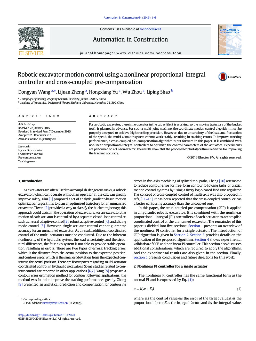 Robotic excavator motion control using a nonlinear proportional-integral controller and cross-coupled pre-compensation