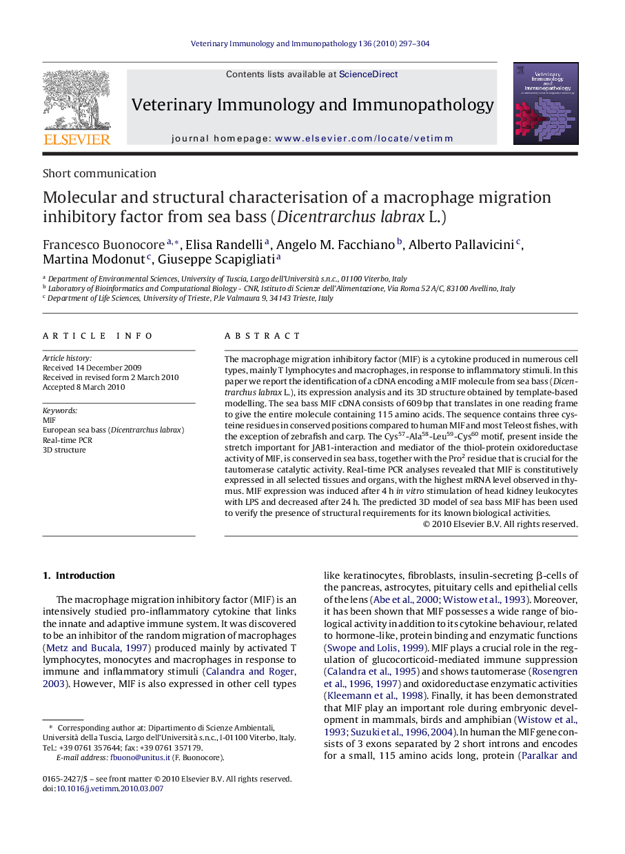 Molecular and structural characterisation of a macrophage migration inhibitory factor from sea bass (Dicentrarchus labrax L.)