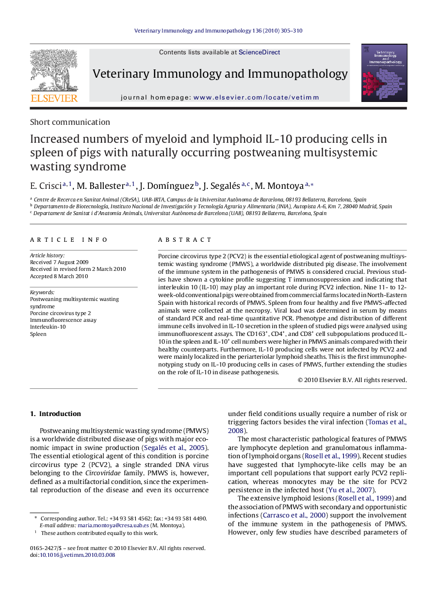 Increased numbers of myeloid and lymphoid IL-10 producing cells in spleen of pigs with naturally occurring postweaning multisystemic wasting syndrome