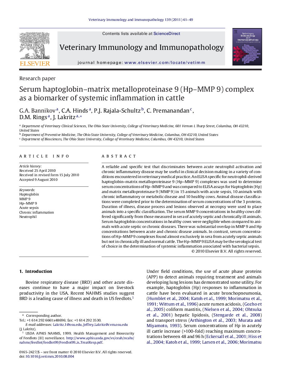 Serum haptoglobin–matrix metalloproteinase 9 (Hp–MMP 9) complex as a biomarker of systemic inflammation in cattle