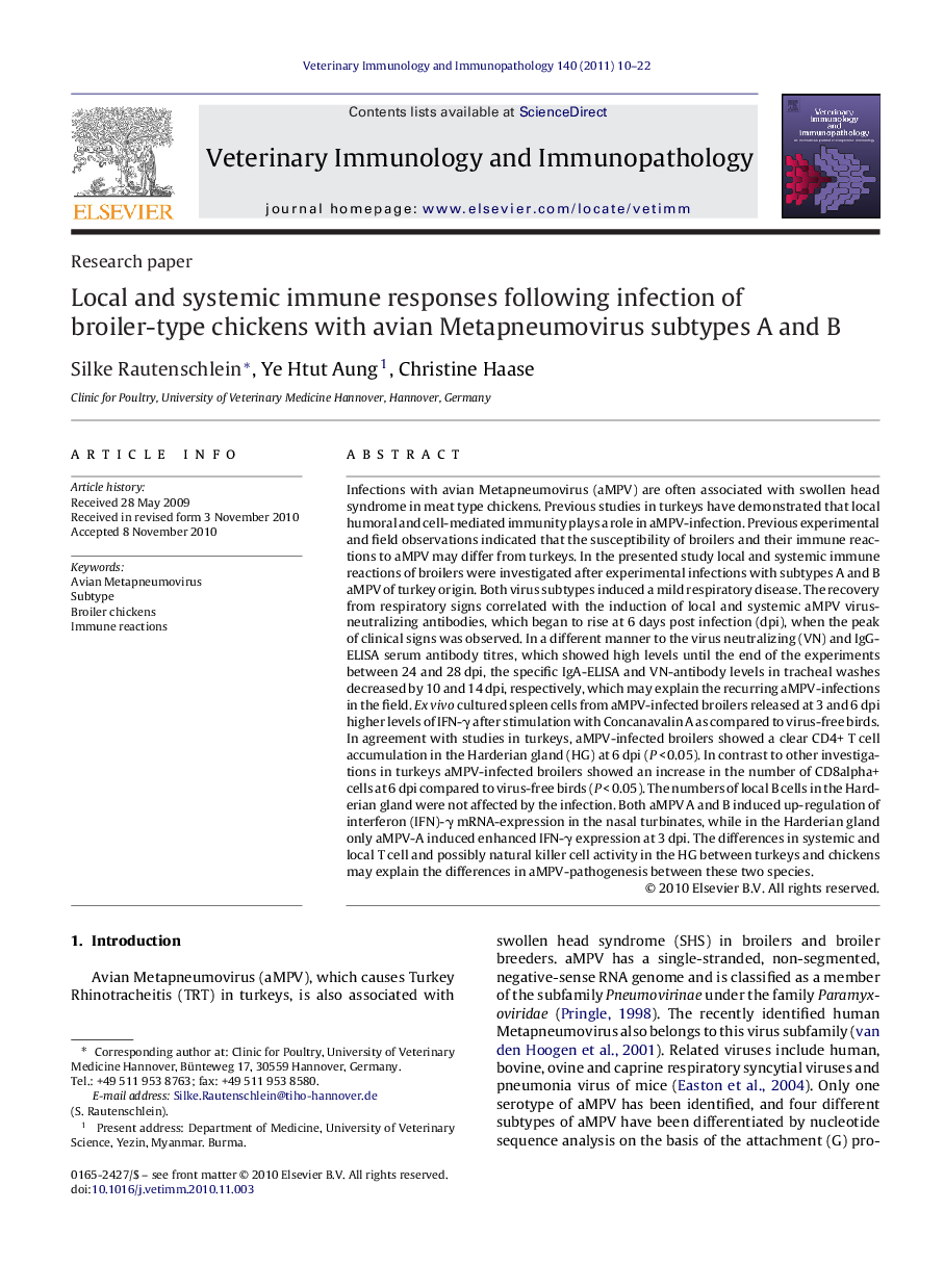 Local and systemic immune responses following infection of broiler-type chickens with avian Metapneumovirus subtypes A and B