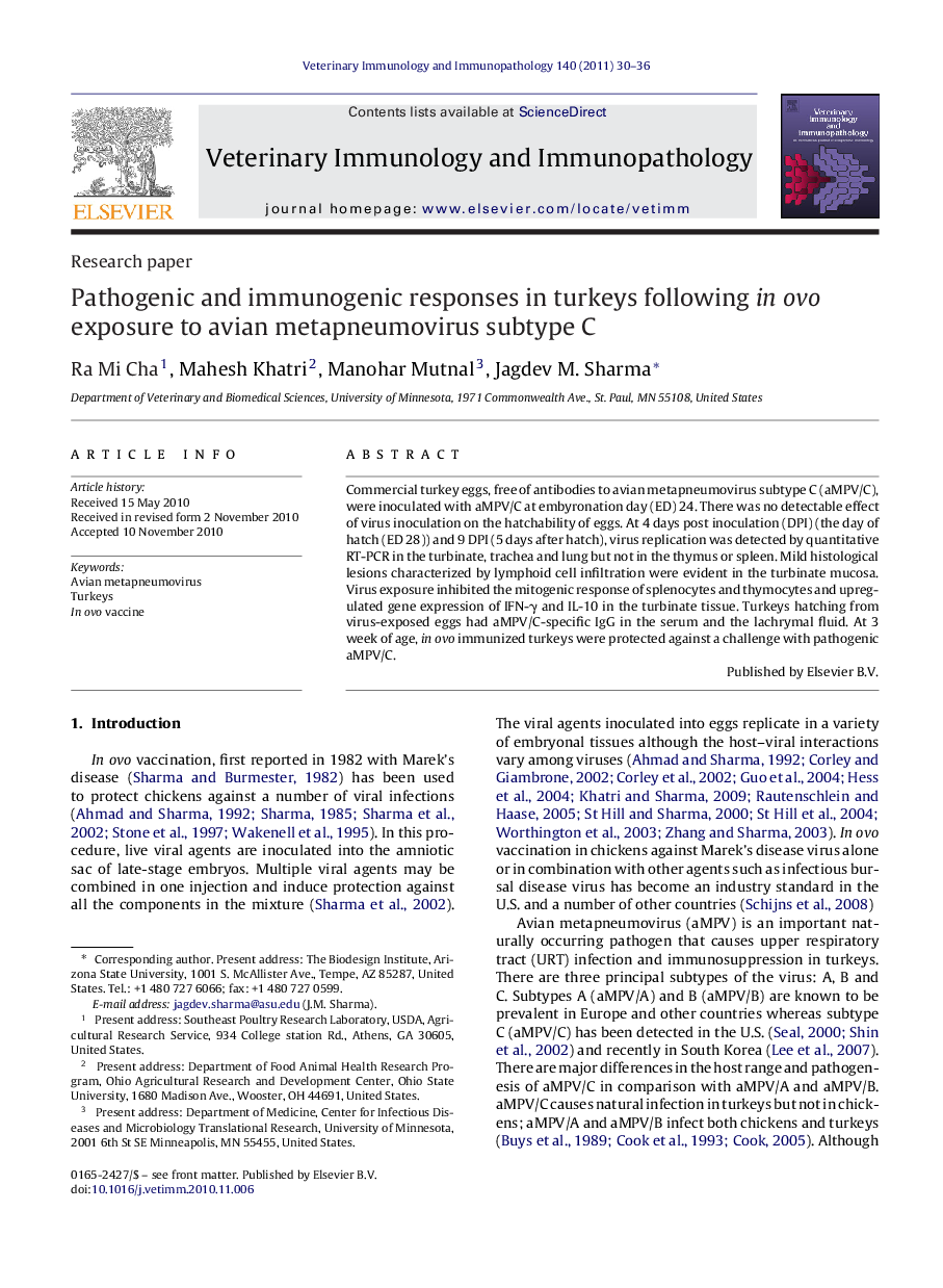 Pathogenic and immunogenic responses in turkeys following in ovo exposure to avian metapneumovirus subtype C