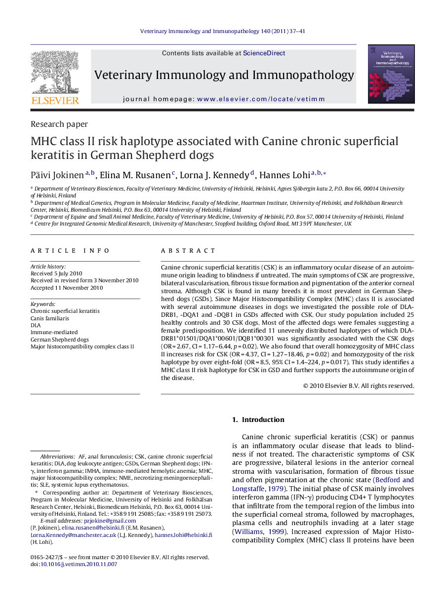 MHC class II risk haplotype associated with Canine chronic superficial keratitis in German Shepherd dogs