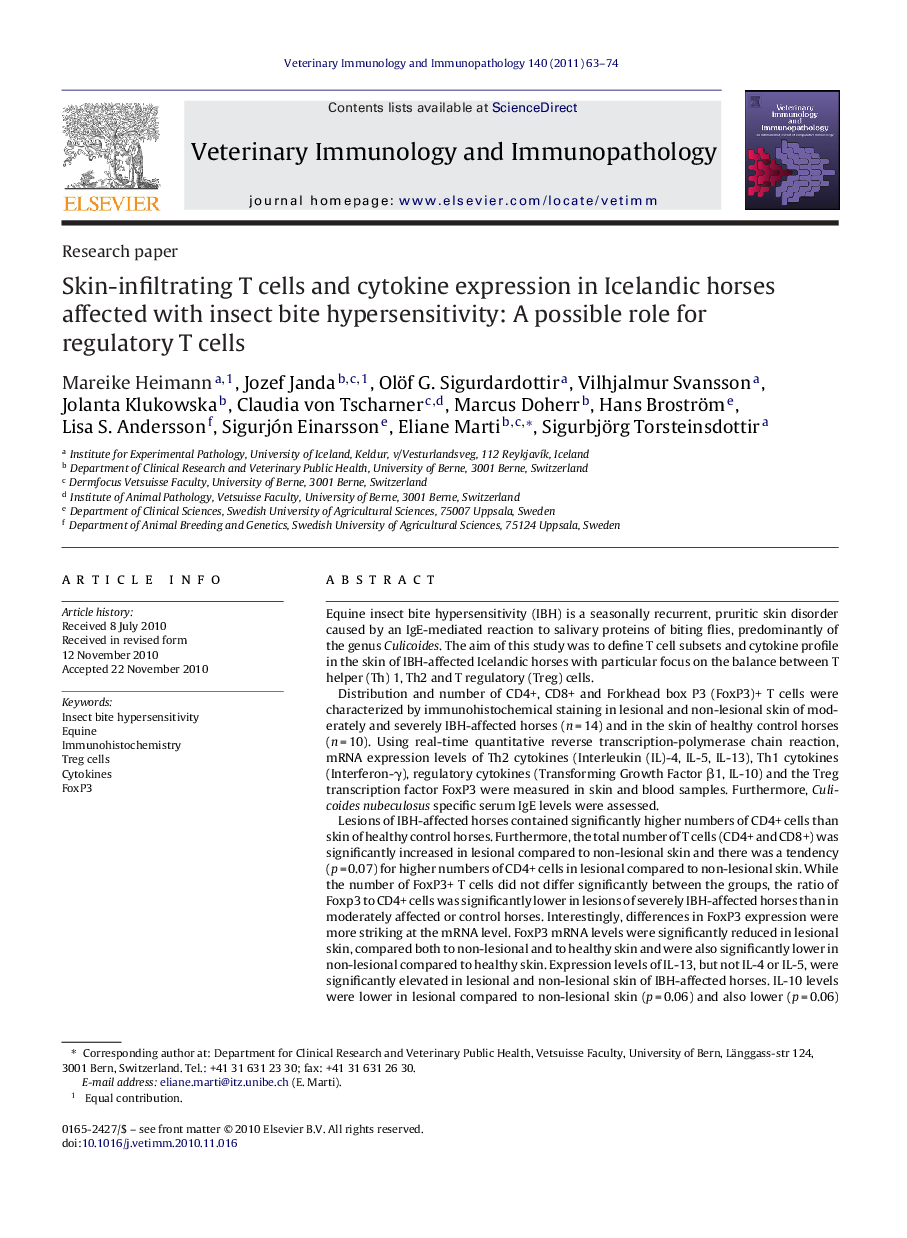 Skin-infiltrating T cells and cytokine expression in Icelandic horses affected with insect bite hypersensitivity: A possible role for regulatory T cells