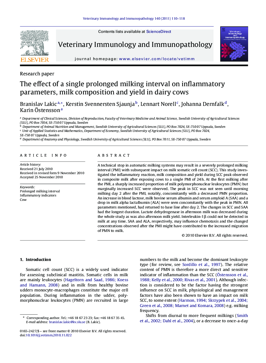 The effect of a single prolonged milking interval on inflammatory parameters, milk composition and yield in dairy cows