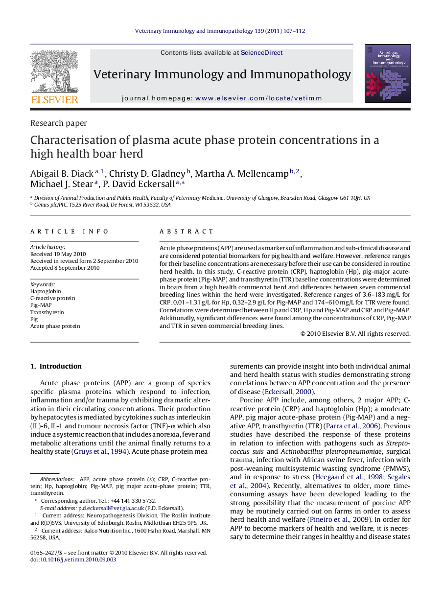 Characterisation of plasma acute phase protein concentrations in a high health boar herd