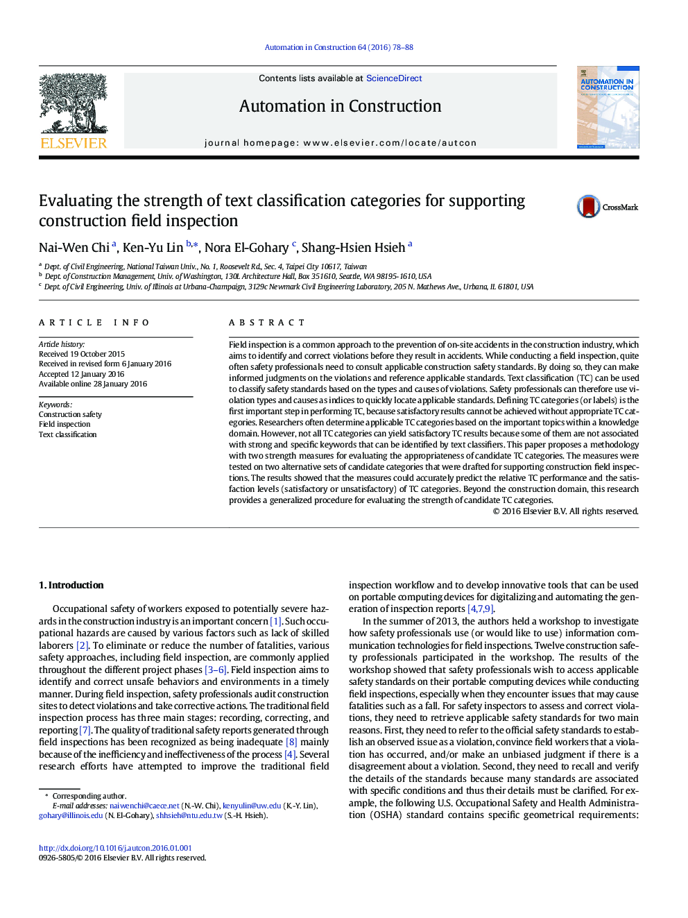 Evaluating the strength of text classification categories for supporting construction field inspection