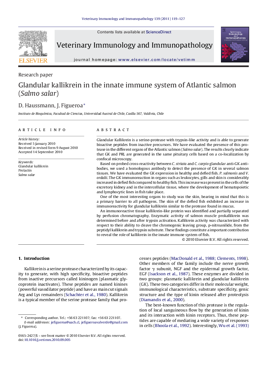 Glandular kallikrein in the innate immune system of Atlantic salmon (Salmo salar)