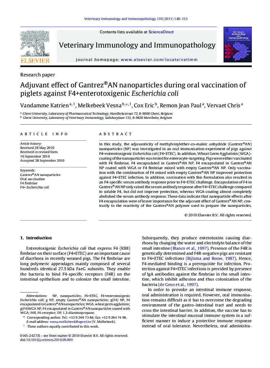 Adjuvant effect of Gantrez®AN nanoparticles during oral vaccination of piglets against F4+enterotoxigenic Escherichia coli