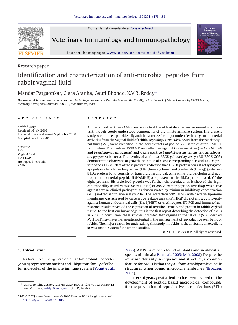 Identification and characterization of anti-microbial peptides from rabbit vaginal fluid