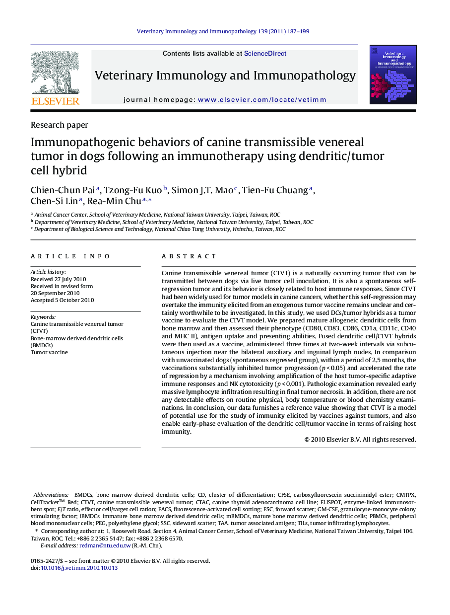 Immunopathogenic behaviors of canine transmissible venereal tumor in dogs following an immunotherapy using dendritic/tumor cell hybrid