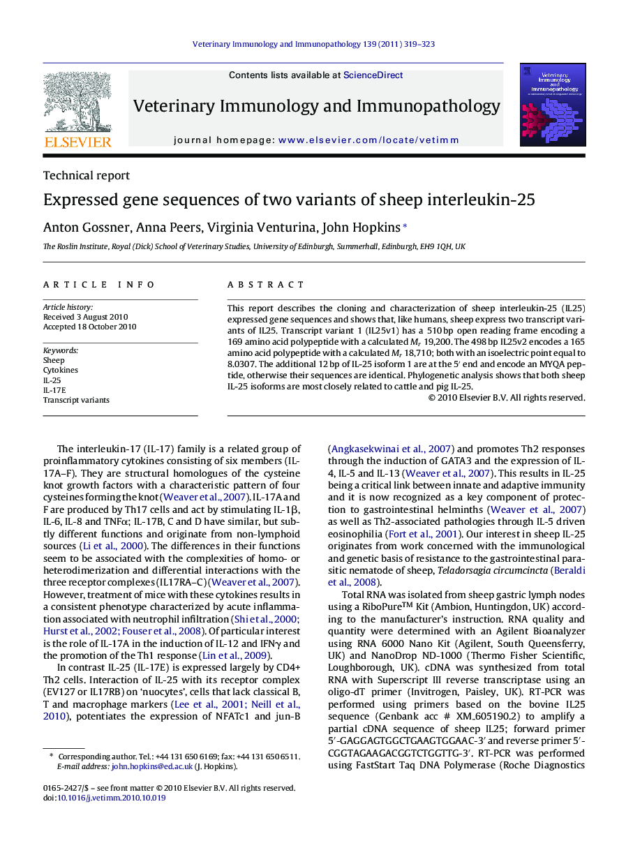 Expressed gene sequences of two variants of sheep interleukin-25