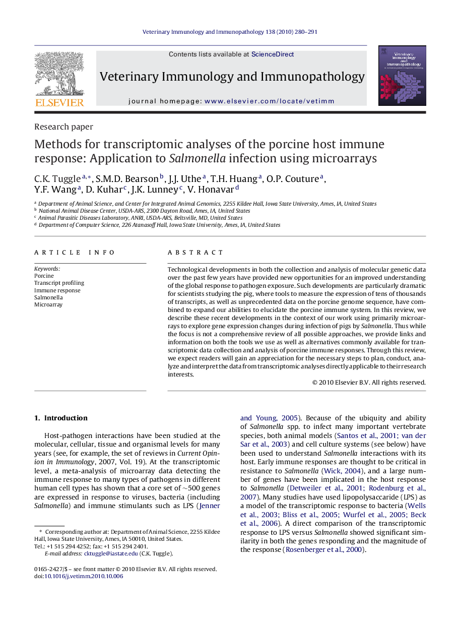 Methods for transcriptomic analyses of the porcine host immune response: Application to Salmonella infection using microarrays