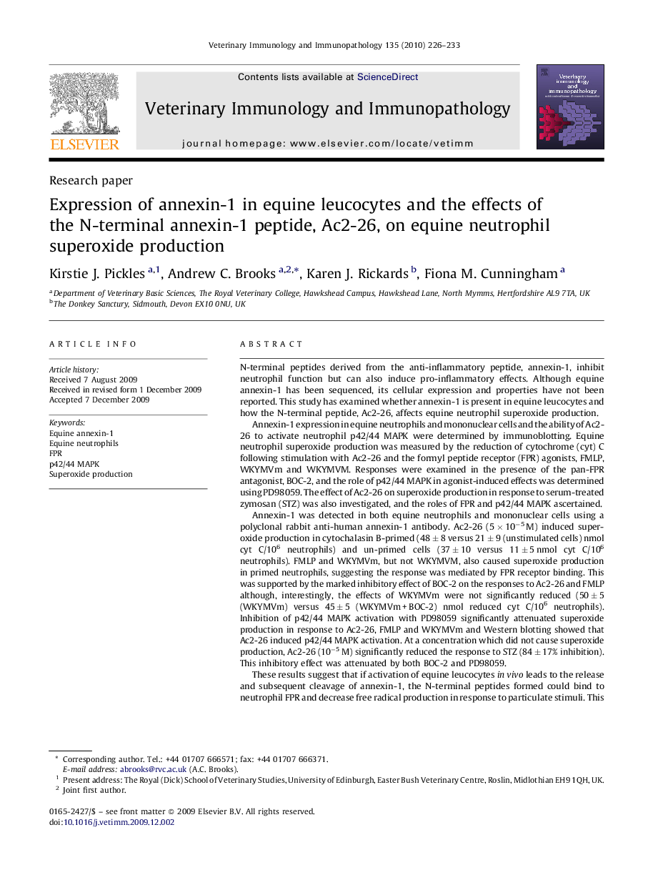 Expression of annexin-1 in equine leucocytes and the effects of the N-terminal annexin-1 peptide, Ac2-26, on equine neutrophil superoxide production