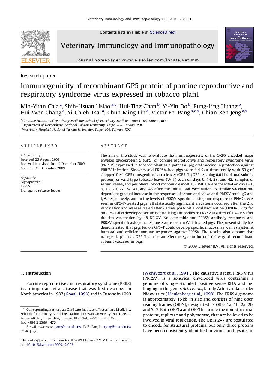 Immunogenicity of recombinant GP5 protein of porcine reproductive and respiratory syndrome virus expressed in tobacco plant