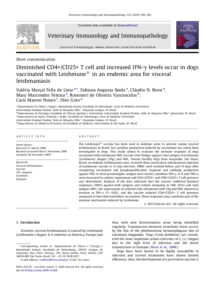 Diminished CD4+/CD25+ T cell and increased IFN-γ levels occur in dogs vaccinated with Leishmune® in an endemic area for visceral leishmaniasis
