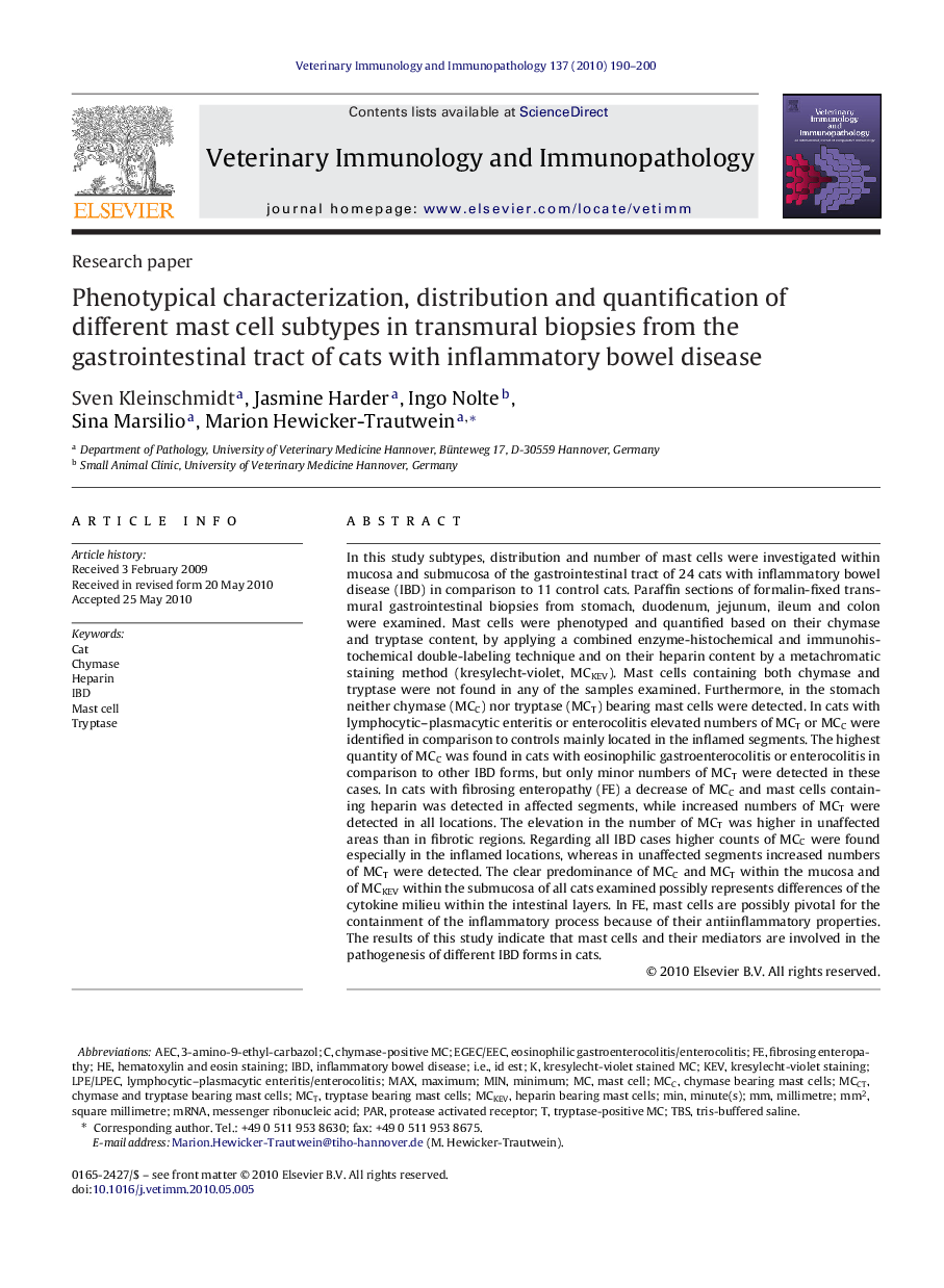 Phenotypical characterization, distribution and quantification of different mast cell subtypes in transmural biopsies from the gastrointestinal tract of cats with inflammatory bowel disease