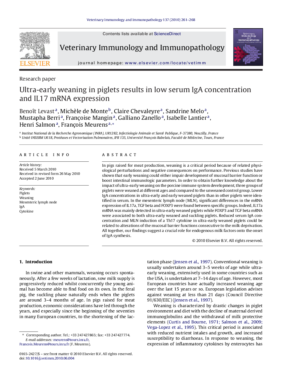 Ultra-early weaning in piglets results in low serum IgA concentration and IL17 mRNA expression