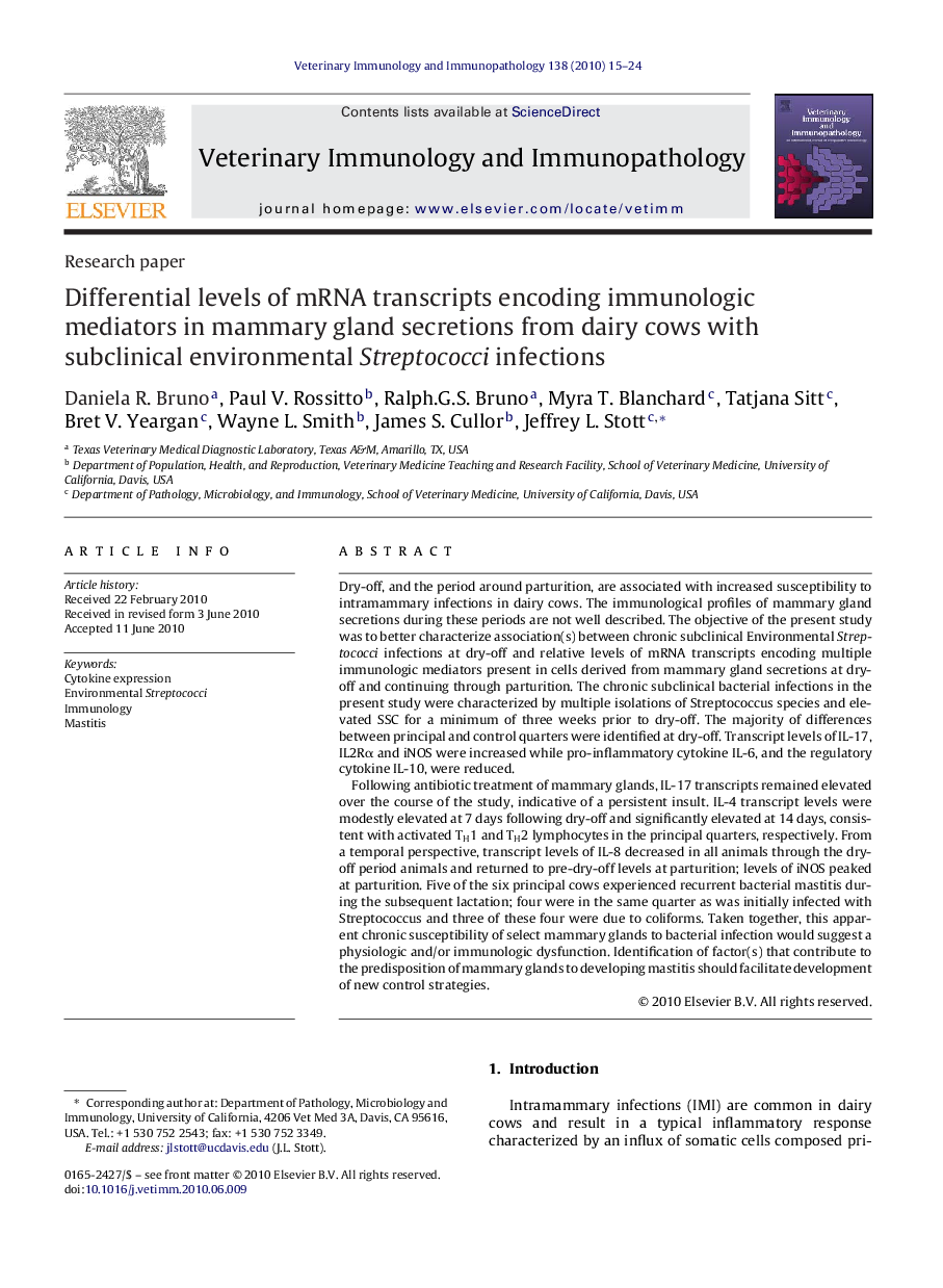 Differential levels of mRNA transcripts encoding immunologic mediators in mammary gland secretions from dairy cows with subclinical environmental Streptococci infections