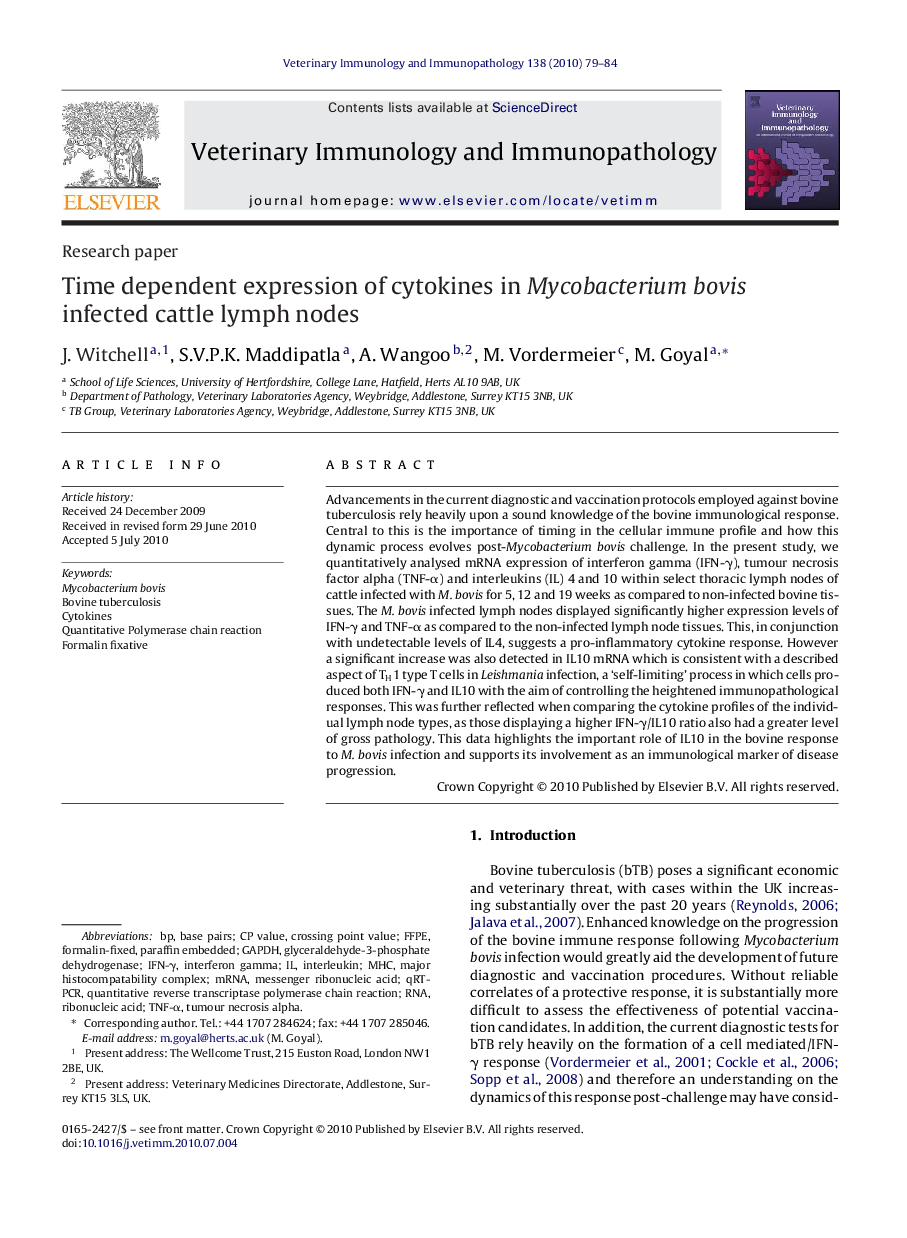 Time dependent expression of cytokines in Mycobacterium bovis infected cattle lymph nodes